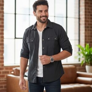 Guess Men's Black Long Sleeve Button Up Shirt Military Style Casual S Nwot